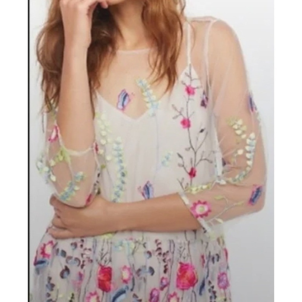 Free People Floral Embroidered Mini Dress XS Oversized Tulle Sheer Festival Boho - Picture 2 of 12